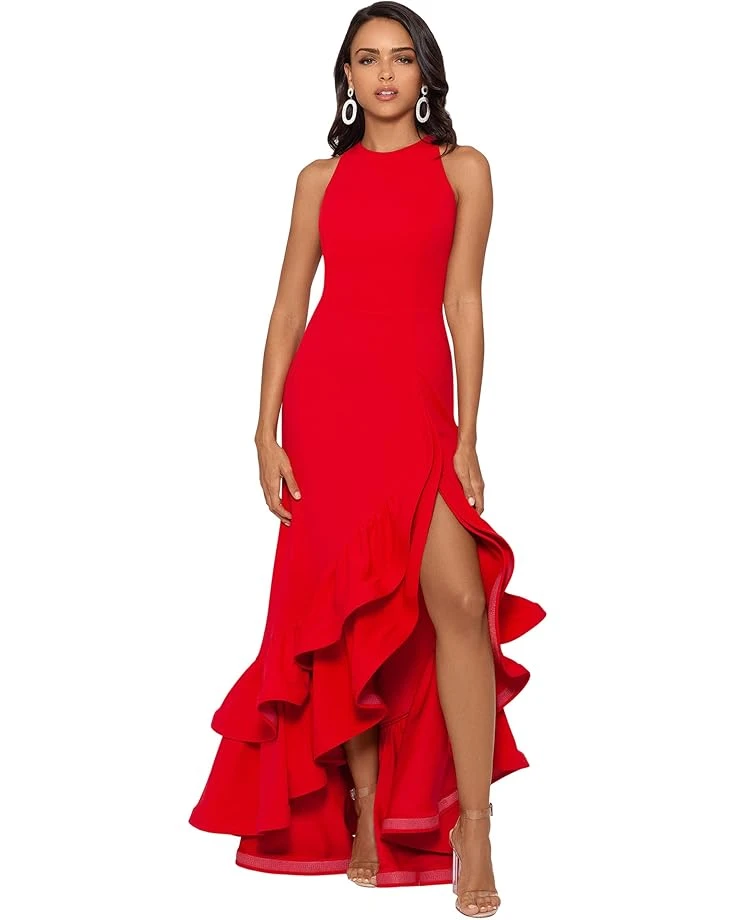 Betsy & Adam Long Halter Crepe Tiered Ruffle Gown